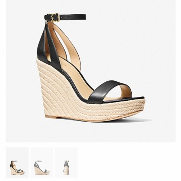 💜MICHAEL KORS Black Patent Leather Sandal Wedge w Peekaboo Toe Ankle Straps - Picture 11 of 12